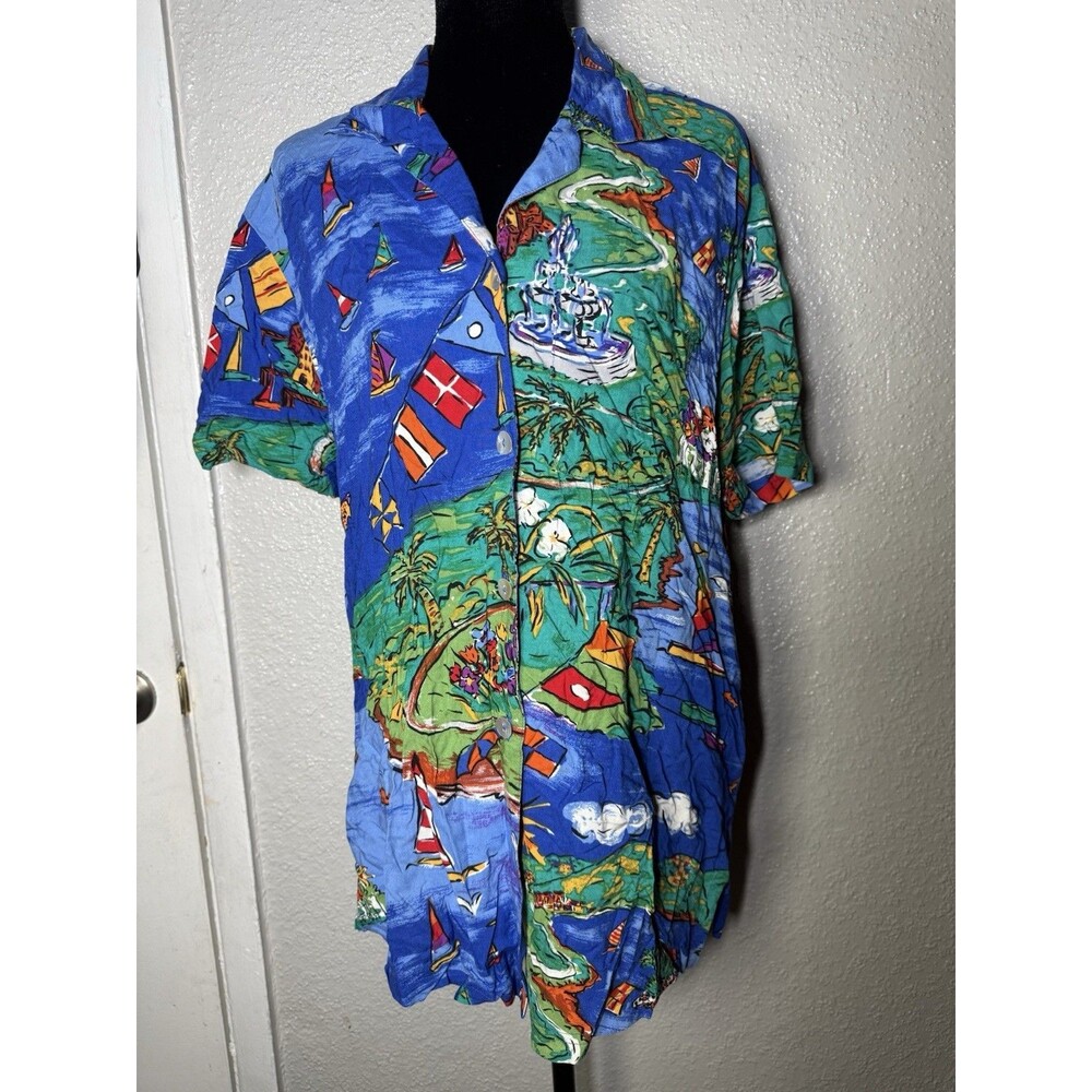 Vtg Carol Little Blouse Size 6 Sailboat Tropical Island Print Art button Shirt